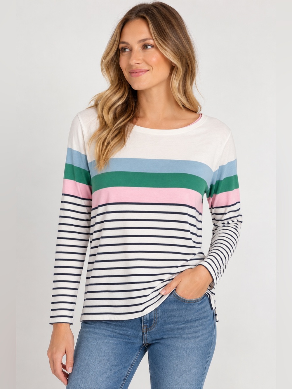 Boden White Long-Sleeve Stripe Top with Pink, Green & Blue